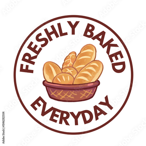 A vector logo of "Freshly Baked Everyday" featuring a basket of various types of bread, highlighting fresh bakery products. Perfect for bakery branding, packaging, or advertising.