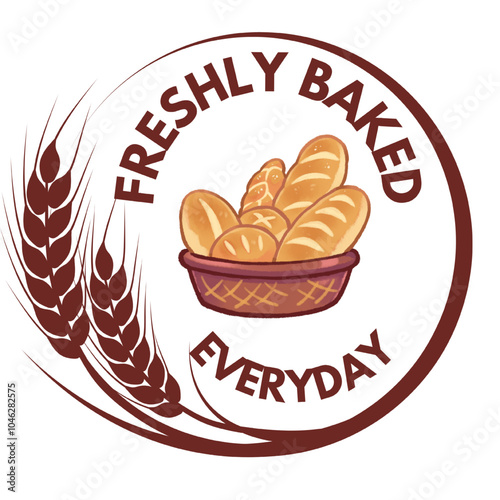 A vector logo of "Freshly Baked Everyday" featuring a basket of various types of bread, highlighting fresh bakery products. Perfect for bakery branding, packaging, or advertising.