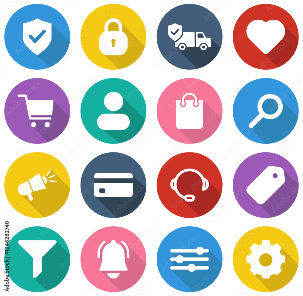 Ecommerce Circle Icon Set with Shadow