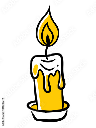 a simple, cartoon-style illustration of a lit candle. The candle is yellow with white wax dripping down its sides. It is placed in a small, round holder