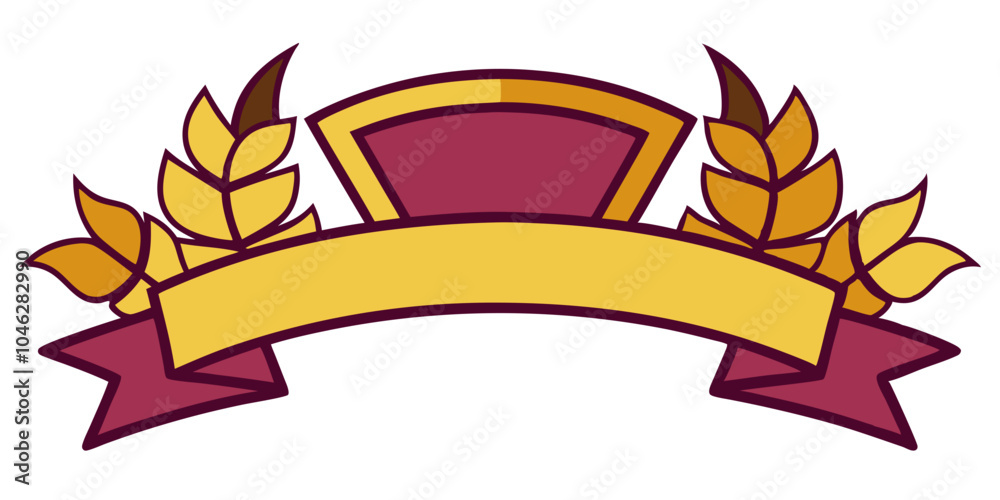a decorative emblem or badge design. It features a central blank banner in yellow with a maroon outline, which is curved slightly upwards. Above the banner, there is a maroon shield-like shape a decorative emblem or badge design. It features a central blank banner in yellow with a maroon outline, which is curved slightly upwards. Above the banner, there is a maroon shield-like shape