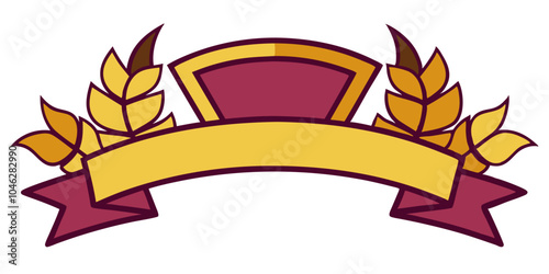 a decorative emblem or badge design. It features a central blank banner in yellow with a maroon outline, which is curved slightly upwards. Above the banner, there is a maroon shield-like shape