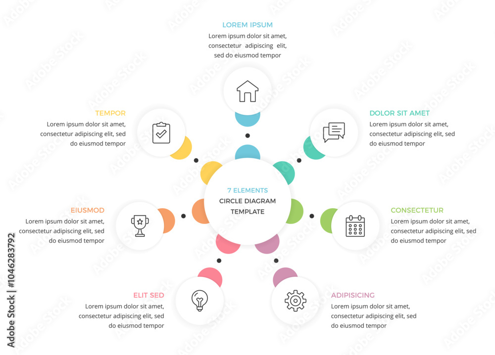Circular diagram with 7 elements, infographic template of a process with 7 stages, vector eps10 illustration Circular diagram with 7 elements, infographic template of a process with 7 stages, vector eps10 illustration