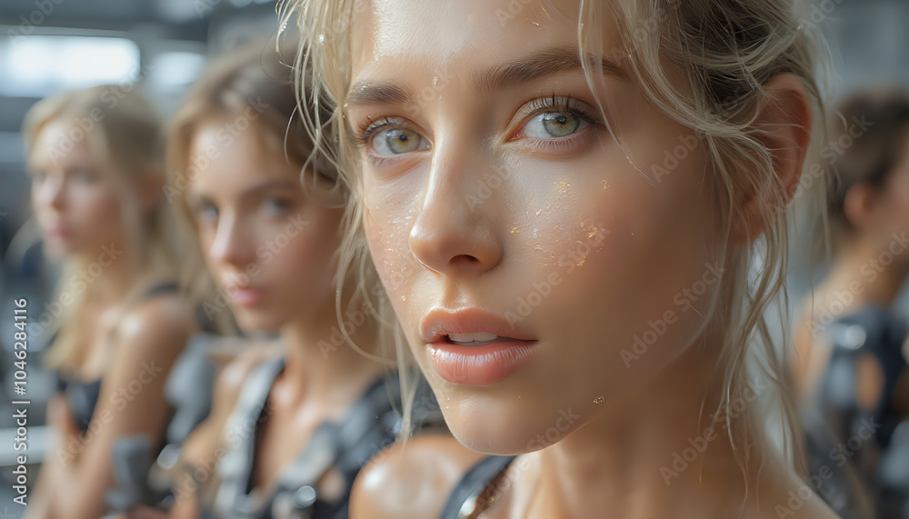 Young woman standing among a group of people in soft light Young woman standing among a group of people in soft light