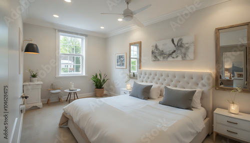 Cozy bedroom with soft lighting and a large comfortable bed