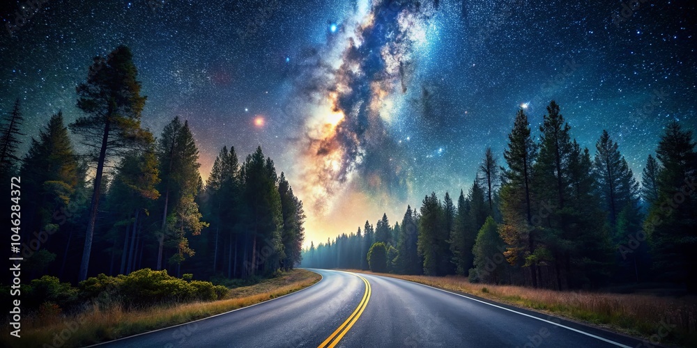 Fototapeta premium A Serene Winding Road Beneath a Starry Night Sky, Illuminating the Path With Its Celestial Glow