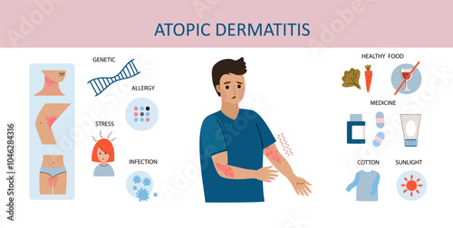 caucasian man suffers from atopic dermatitis. Neurodermatitis symptoms and reasons infographic. Human skin infection dermatitis diagnosis. Vector doodle hand drawn flat illustration	