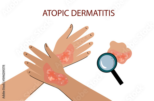 people suffers from atopic dermatitis. Neurodermatitis symptoms and reasons infographic. Human skin infection dermatitis diagnosis. Vector doodle hand drawn flat illustration	