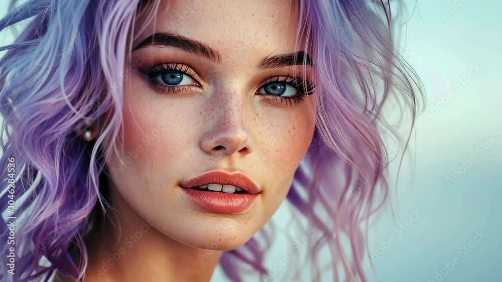 A woman with purple hair and freckles looks directly at the camera A woman with purple hair and freckles looks directly at the camera