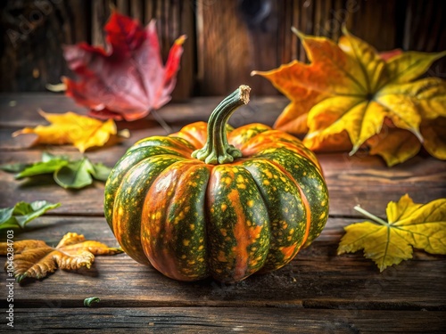 Rustic wooden backdrop enhances the Uchiki Kuri squash, ideal for autumn decor and culinary themes, capturing vibrant colors and warm tones in food photography. photo