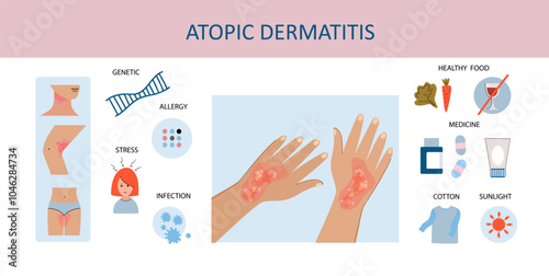 people suffers from atopic dermatitis. Neurodermatitis symptoms and reasons infographic. Human skin infection dermatitis diagnosis. Vector doodle hand drawn flat illustration	