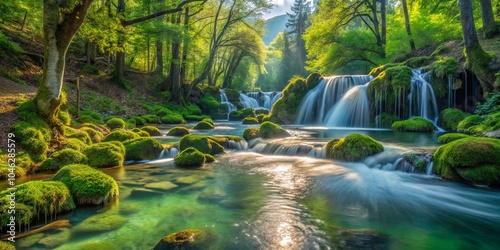 Sun-Dappled Waterfall Cascades Through a Lush Forest, Creating a Serene and Tranquil Scene of Natural Beauty