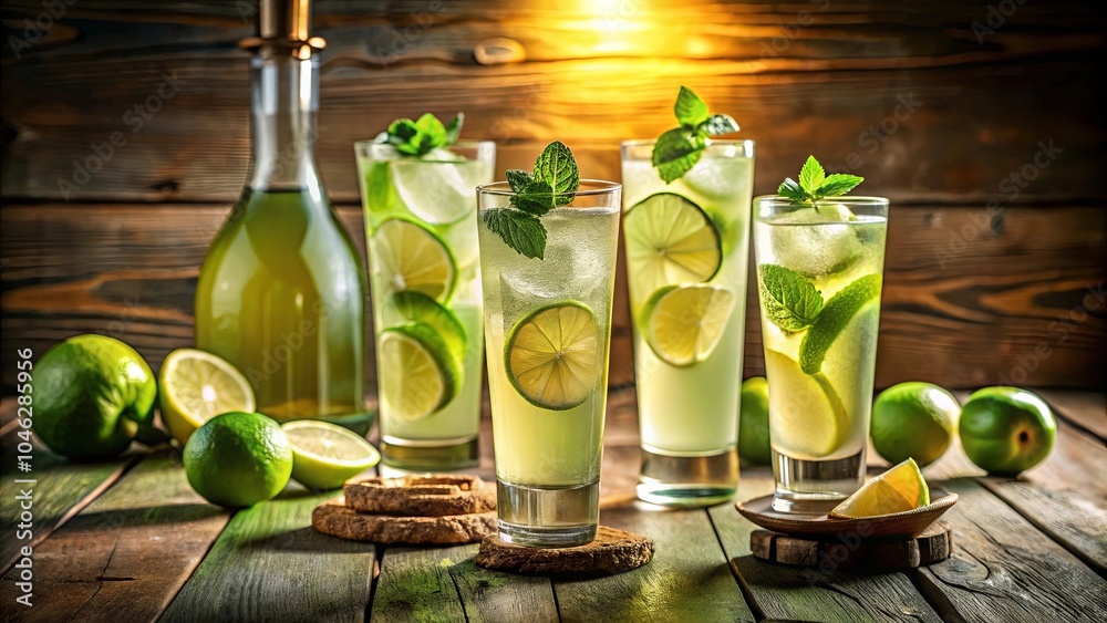 Refreshing lime and mint beverages on a rustic wooden surface, illuminated by warm light. Refreshing lime and mint beverages on a rustic wooden surface, illuminated by warm light.