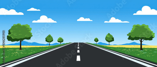 A peaceful landscape featuring a straight road, lush trees, a blue sky, and distant mountains, ideal for travel and nature enthusiasts.