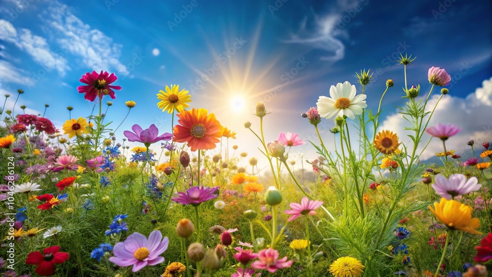 Softly lit garden scene with a cluster of colorful wildflowers against a bright blue sky, floral, natural, outdoors Softly lit garden scene with a cluster of colorful wildflowers against a bright blue sky, floral, natural, outdoors