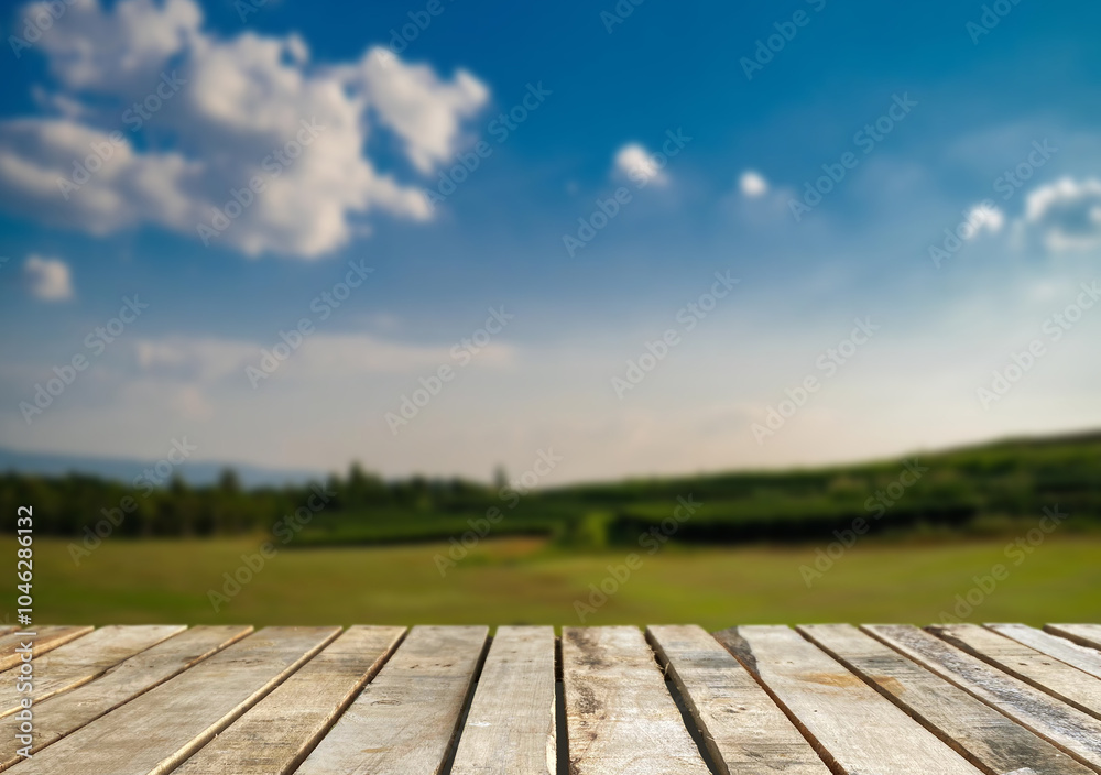 Wooden table top on blur mountain and grass field.Fresh and Relax concept.For montage product display or design key visual layout.View of copy space. Wooden table top on blur mountain and grass field.Fresh and Relax concept.For montage product display or design key visual layout.View of copy space.