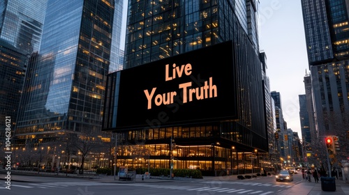 Live Your Truth: A powerful message shines brightly on a towering billboard in the heart of a bustling city, surrounded by skyscrapers and the urban hum, inviting reflection and self-discovery. 