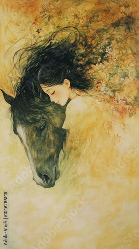 A serene depiction of a woman embracing a horse, blending nature and emotion.