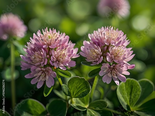 Close-up photo of clover flowers taken in the garden next to the house