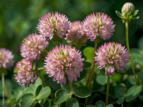 Close-up photo of clover flowers taken in the garden next to the house