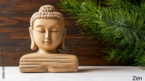 Tranquility and Enlightenment: A serene wooden Buddha bust, eyes closed in meditation, rests on a white surface. A sprig of green foliage peeks in from the right. photo