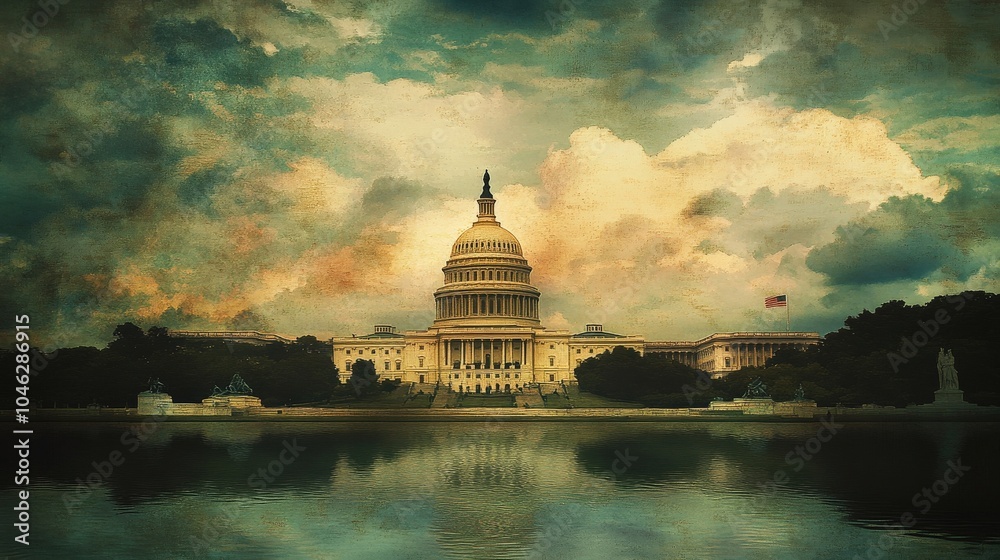 Obraz premium Capitol Dome Textured Image on Stormy Day with US Flag in Cloudy Sky