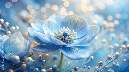 A Delicate Blue Flower Blossoms in a Softly Illuminated Garden of Pearls and Whimsical Blooms