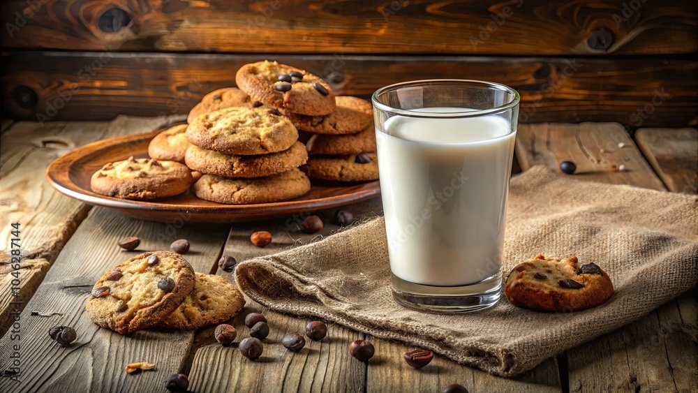 A glass of milk and chocolate chip cookies resting on a rustic wooden table surrounded by coffee beans and a burlap napkin A glass of milk and chocolate chip cookies resting on a rustic wooden table surrounded by coffee beans and a burlap napkin