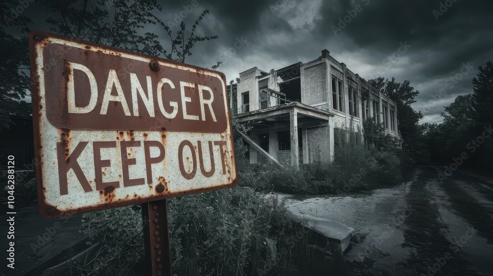 Fototapeta premium Abandoned house with warning sign in a moody atmosphere