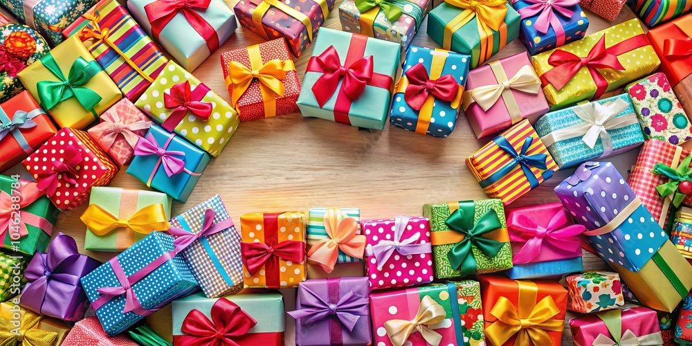 A Colorful Array of Gift Boxes Surrounding a Blank Wooden Surface, Ready for a Special Occasion A Colorful Array of Gift Boxes Surrounding a Blank Wooden Surface, Ready for a Special Occasion