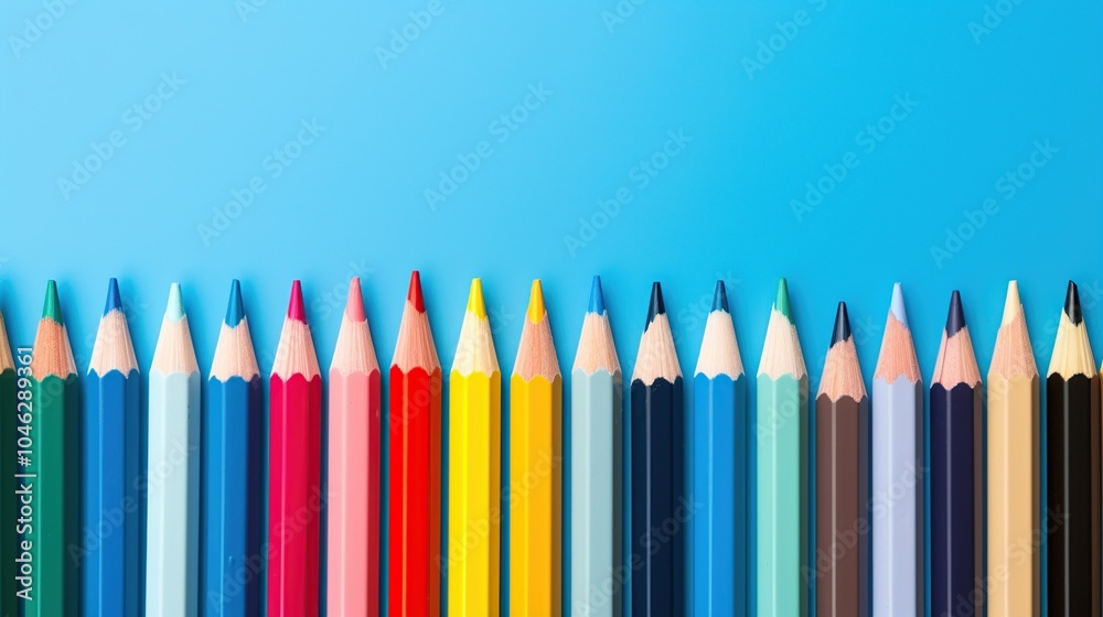Top view and flat of colored pencils arranged in a row isolated on blue background. With copy space for add text. Top view and flat of colored pencils arranged in a row isolated on blue background. With copy space for add text.