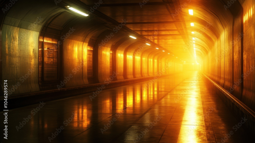 dimly lit tunnel with warm orange lighting creates mysterious atmosphere, reflecting on smooth floor. perspective draws viewer into depth of passageway dimly lit tunnel with warm orange lighting creates mysterious atmosphere, reflecting on smooth floor. perspective draws viewer into depth of passageway
