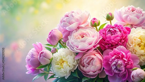 Vibrant peonies in soft pastel hues arranged in a lush bouquet, romantic flowers, peony bouquet