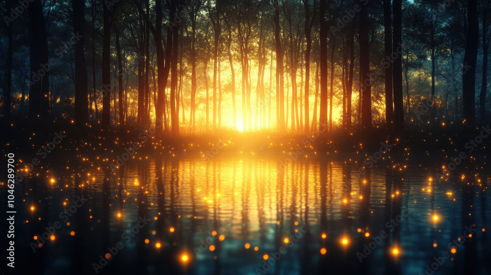 serene forest scene at sunset, with glowing fireflies illuminating tranquil water surface. warm hues of setting sun create magical atmosphere, inviting peace and reflection serene forest scene at sunset, with glowing fireflies illuminating tranquil water surface. warm hues of setting sun create magical atmosphere, inviting peace and reflection