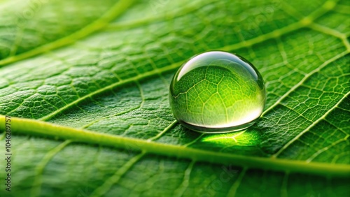Water droplet on fresh green leaf with serum bottle in medium shot
