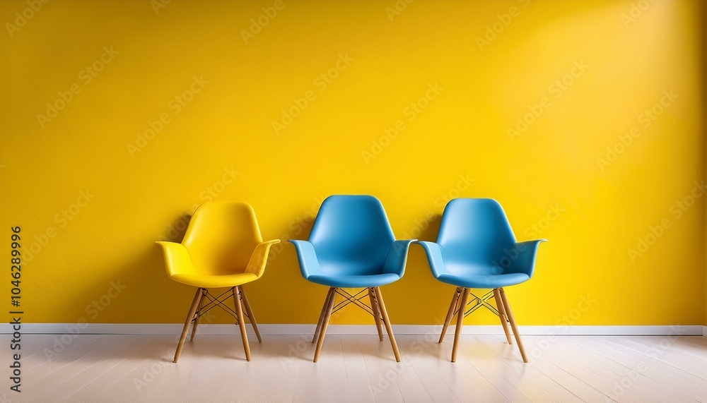 The chair's presence adds character to the yellow backdrop. The chair's presence adds character to the yellow backdrop.