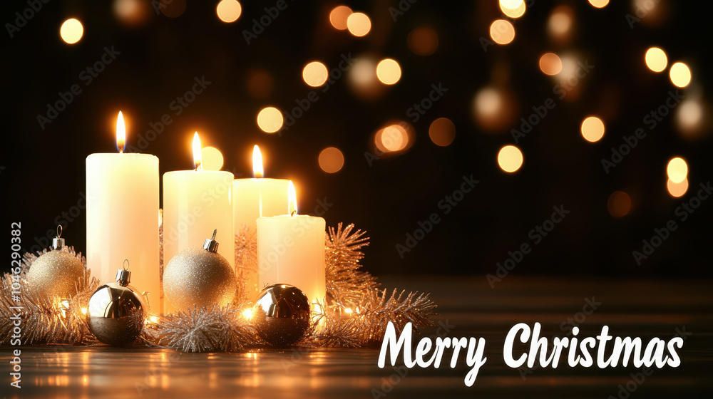 Merry Christmas candles with warm light create cozy atmosphere, surrounded by festive decorations and shimmering ornaments, perfect for holiday celebrations Merry Christmas candles with warm light create cozy atmosphere, surrounded by festive decorations and shimmering ornaments, perfect for holiday celebrations