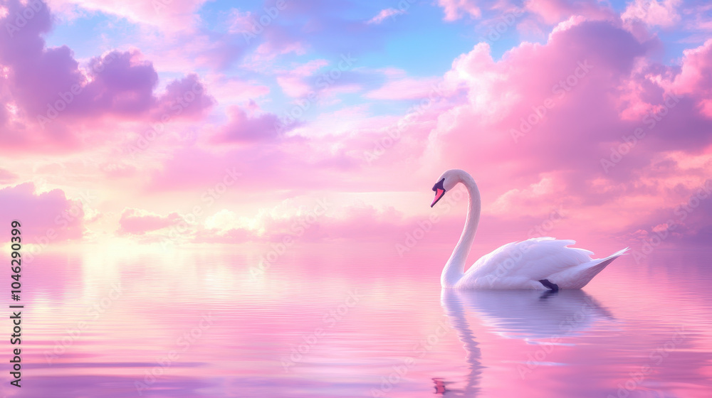 Obraz premium serene swan glides gracefully across tranquil lake, surrounded by soft pink and purple clouds reflecting on waters surface. peaceful scene evokes sense of calm and beauty