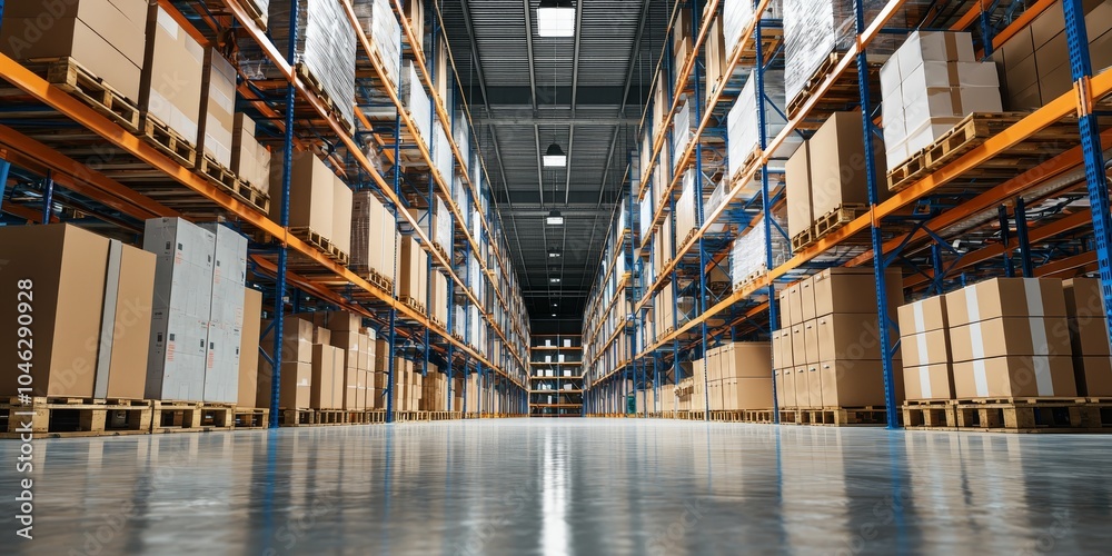 A spacious warehouse filled with neatly stacked boxes on metal shelves, showcasing a clean and organized storage environment. A spacious warehouse filled with neatly stacked boxes on metal shelves, showcasing a clean and organized storage environment.
