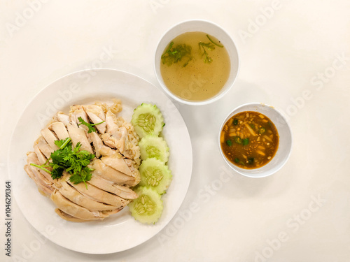 Steamed rice topped with chicken and slice cucumber on white the dish. Thai delicious street food. High protein nutrition.