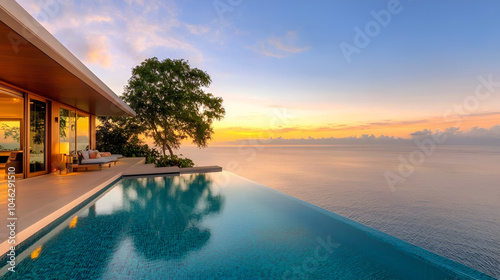 Elegant ocean view villa with a serene infinity pool at sunset near the coast of Hawaii's Big Island