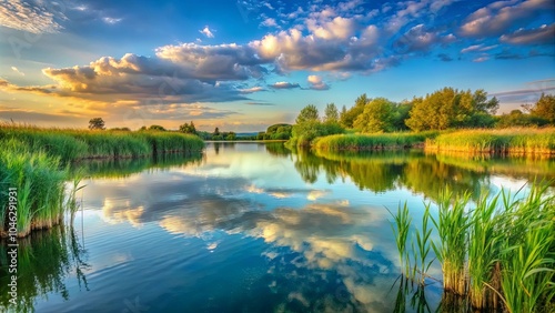 Serene Reflection of Golden Clouds in a Tranquil Lake Surrounded by Lush Green Trees and Reeds