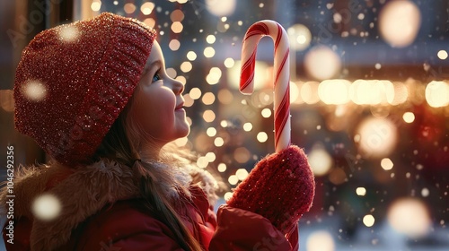 Little Girl with Sparkly Winter Hat and Candy Cane