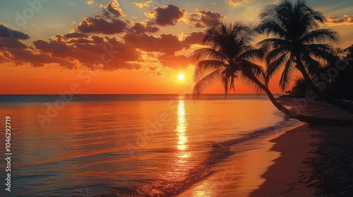 Serene sunset over a tranquil beach with palm trees.