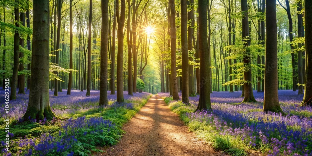 Obraz premium Sunlight Filtering Through A Canopy Of Trees Illuminates A Path Leading Through A Field Of Bluebells