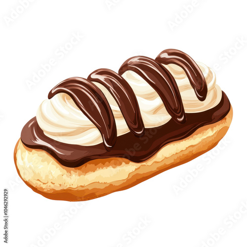 Chocolate eclair, cream-filled delight, elegantly topped, rich dessert experience, perfect for indulgent occasions, sweet treat lovers' favorite.