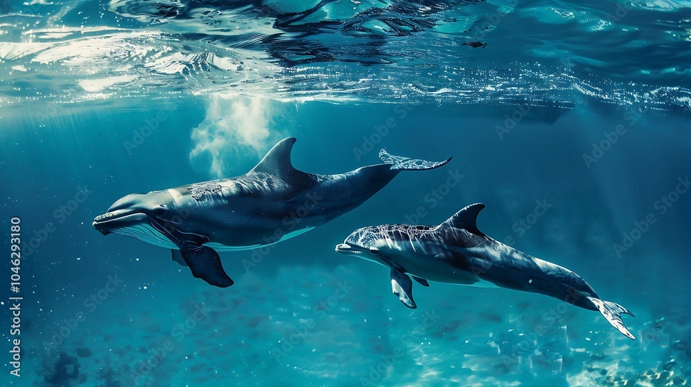 Obraz premium A whale and a dolphin in a synchronized swimming performance