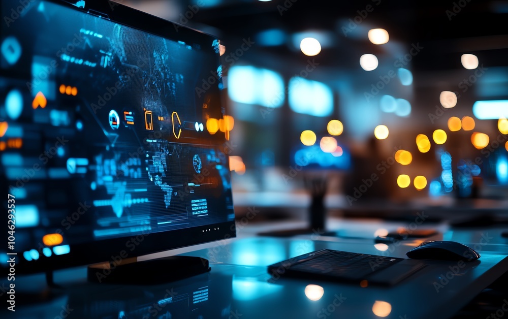 A techdriven office space filled with smart devices, AI systems, and employees working on interactive holographic screens A techdriven office space filled with smart devices, AI systems, and employees working on interactive holographic screens