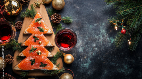 Board of Christmas tree shape smoked salmon toast on christmas eve dinner table to celebrate food and holidays photo