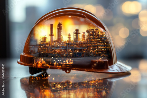 Heavy industry concept image with a hard hat letting see a heavy industry plant with a oil refinery photo